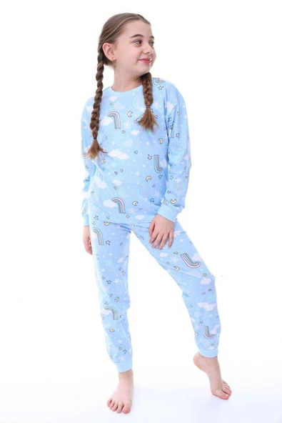 Kız Çocuk Gökkuşağı Desenli Uzun Kollu Pijama Takımı ürün görseli 1