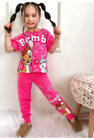 Kiz Çocuk Desenli̇ Kisa Kollu Tshirt Eşofman 2'Li̇ Takim ürün görseli 1