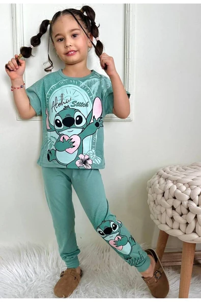 Kız Çocuk Stitchh Desenli Kısa Kollu  Tshırt Eşofman 2'Li Takım ürün görseli 1