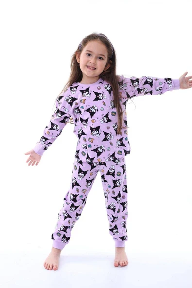 Kız Çocuk Kedi Desenli Uzun Kollu Pijama Takımı ürün görseli 1