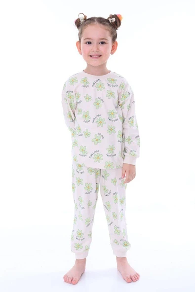 Kız Çocuk Yeşil Çiçek Desenli Uzun Kollu Pijama Takımı ürün görseli 1