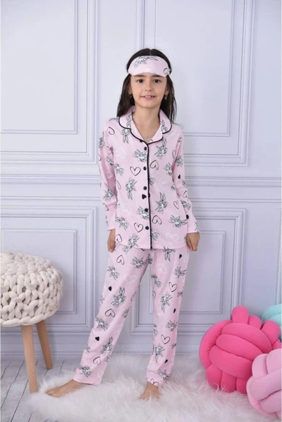Kız Çocuk Düğmeli Desenli Uzun Kollu Pijama Takımı ürün görseli 1
