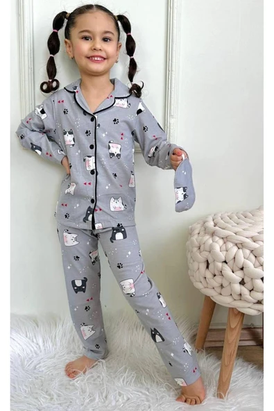 Kız Çocuk Düğmeli Kedi Desenli Uzun Kollu Pijama Takımı ürün görseli 1