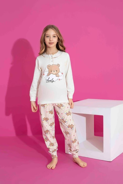 Kız Çocuk Ayıcık Desenli Uzun Kollu Pijama Takımı ürün görseli 1