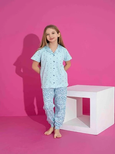 Kız Çocuk Önden Düğmeli Kalp Desenli Mavi Pijama Takımı ürün görseli 1