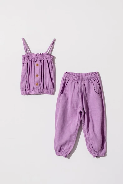 Kız Çocuk Lila Pantalonlu Poplin Takım ürün görseli 1
