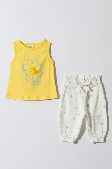 Kız Bebek Çocuk Sarı Papatya Desenli Pantalonlu Takım ürün görseli 1