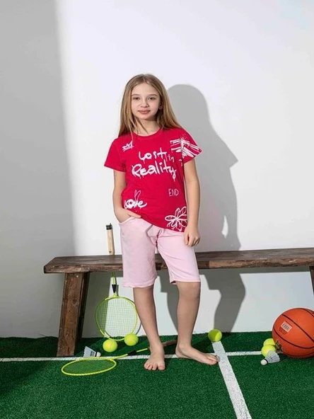 Kız Çocuk Desenli Kırmızı Şortlu Pijama Takımı ürün görseli 1