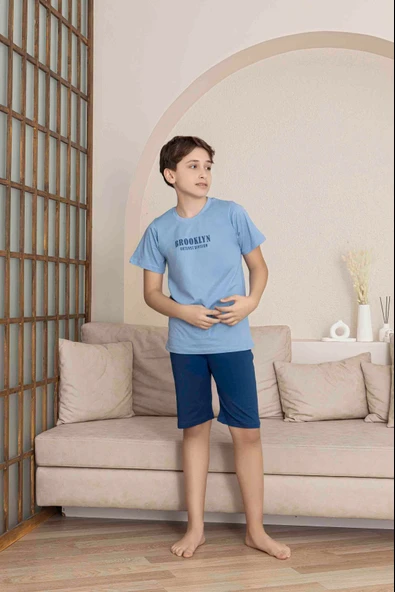 Erkek Çocuk  Mavi Desenli Şortlu  Pijama Takımı ürün görseli 1