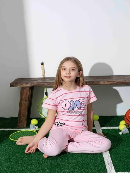 Kız Çocuk Desenli Pembe Pijama Takımı ürün görseli 1