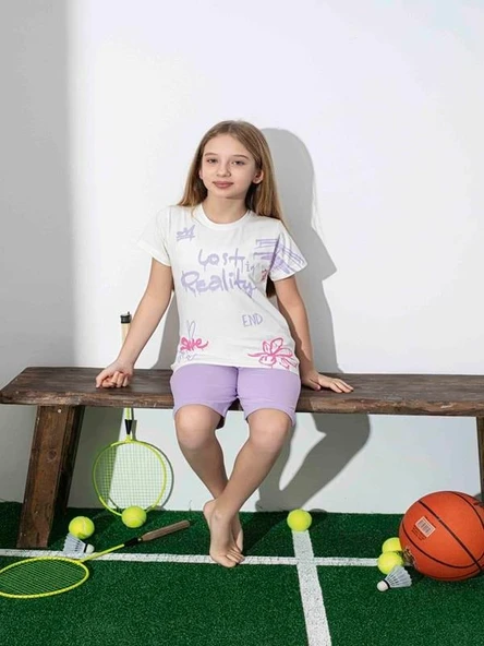 Kız Çocuk Desenli Lila Şortlu Pijama Takımı ürün görseli 1