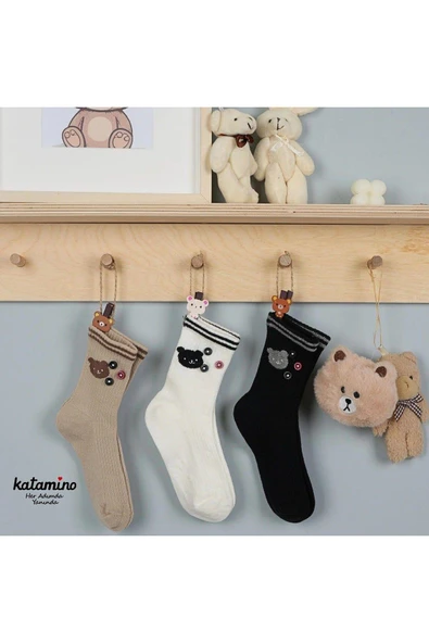 3 Adet Unısex Çocuk Panda Desenli Düğme Aksesuarlı Soket Çorap ürün görseli 1