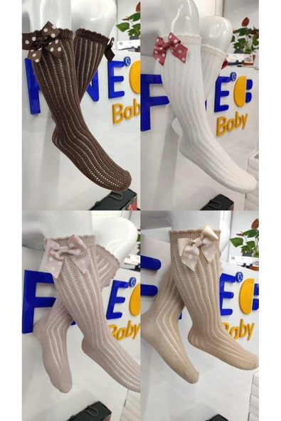 1 Adet Kız Çocuk Bej Puantiyeli Fiyonk Detaylı Desenli Dizaltı Çorabı ürün görseli 1
