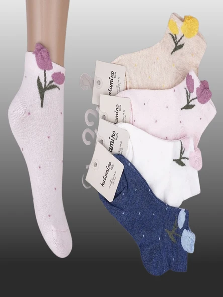 4'lü Kız Çocuk Çiçek Detaylı Patik Çorap ürün görseli 1