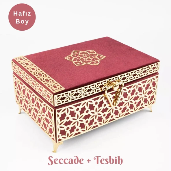 Desenli Kutu Çeyizlik, Seccade + Tesbih + Kuran Hediye Seti (Hafız Boy, Kadife, Bordo, Elif-Vav) ürün görseli 1