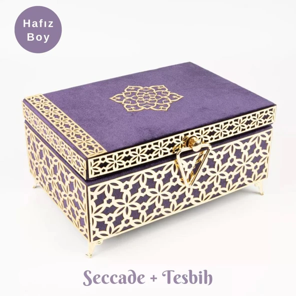 Desenli Kutu Çeyizlik, Seccade + Tesbih + Kuran Hediye Seti (Hafız Boy, Kadife, Mor, Elif-Vav) ürün görseli 1