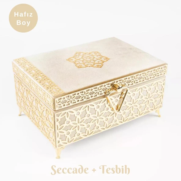Desenli Kutu Çeyizlik, Seccade + Tesbih + Kuran Hediye Seti (Hafız Boy, Kadife, Vizon, Elif-Vav) ürün görseli 1