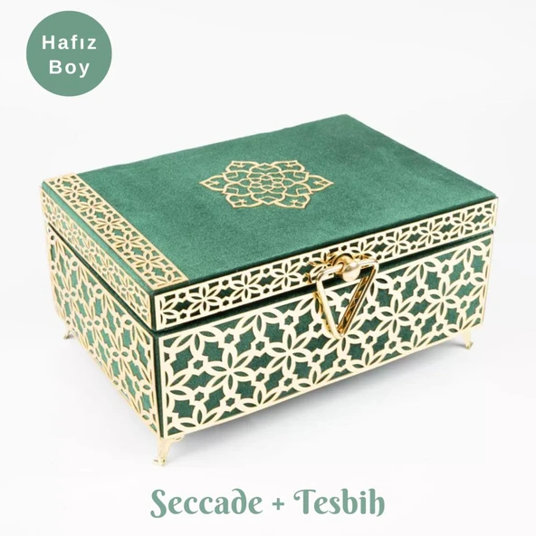 Desenli Kutu Çeyizlik, Seccade + Tesbih + Kuran Hediye Seti (Hafız Boy, Kadife, Yeşil, Elif-Vav) ürün görseli 1