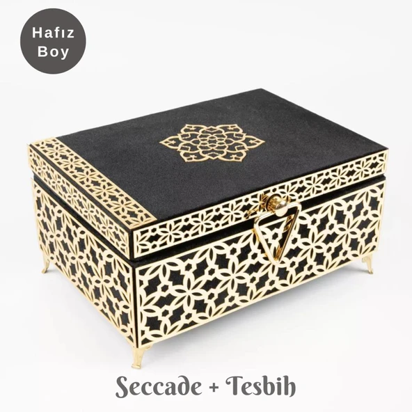 Desenli Kutu Çeyizlik, Seccade + Tesbih + Kuran Hediye Seti (Hafız Boy, Kadife, Siyah, Elif-Vav) ürün görseli 1
