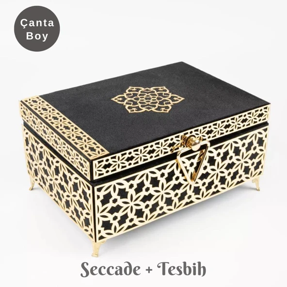 Desenli Kutu Çeyizlik, Seccade + Tesbih + Kuran Hediye Seti (Çanta Boy, Kadife, Siyah, Elif-Vav) ürün görseli 1