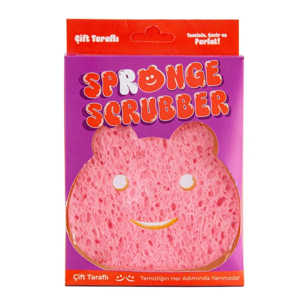 Everklean Spronge Scrubber Ayıcık Figürlü Çift Yüzeyli Bulaşık Süngeri Temizlik Süngeri  Pembe 10x10 ürün görseli 1