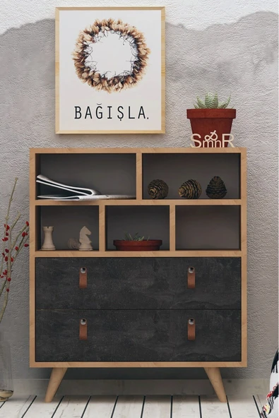 FUHO Beggu 2 Çekmeceli Şifonyer Safir Meşe-Koyu Beton ürün görseli 1