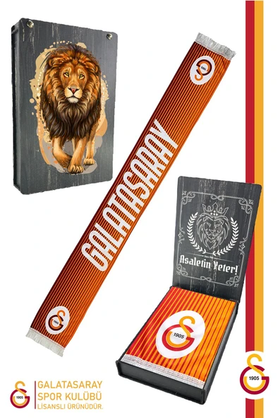 Galatasaray Orijinal Lisanslı Çift Yön Baskılı Şal Kaşkol Atkı Aslan Baskılı Ahşap Kutulu ürün görseli 1