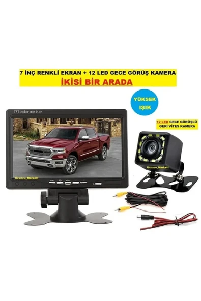 7 İNÇ RENKLİ EKRAN + 12 LED GECE GÖRÜŞ GERİ VİTES KAMERA YÜKSEK IŞIK ÖZELLİKLİDİR. ürün görseli 1