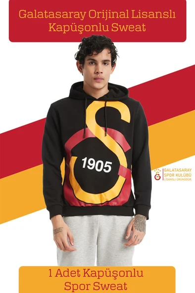 Galatasaray Orijinal Lisanslı Büyük Logo Kapüşonlu Siyah Erkek Sweat ürün görseli 1