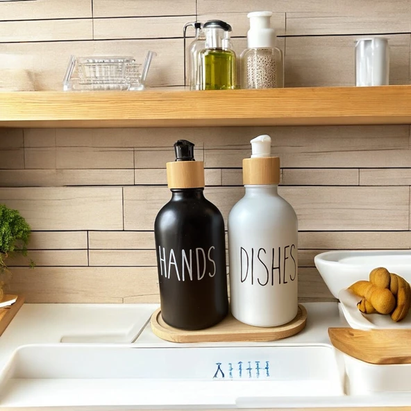 Brokoli Home 2 Adet  Siyah Beyaz Dekoratif Mutfak Banyo Sıvı Cam Sabunluk Seti  Bambu Stantlı Set ürün görseli 1