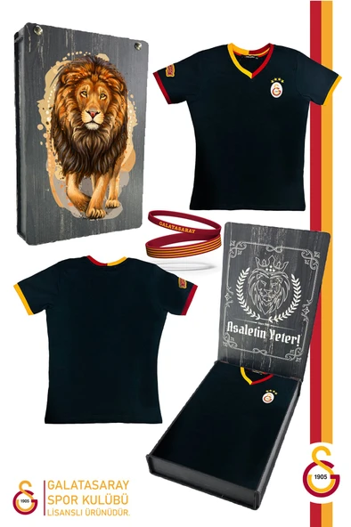Galatasaray Orijinal Lisanslı Siyah Basic Çocuk T-shirt + Bileklik Set Hediyelik Ahşap Kutulu ürün görseli 1