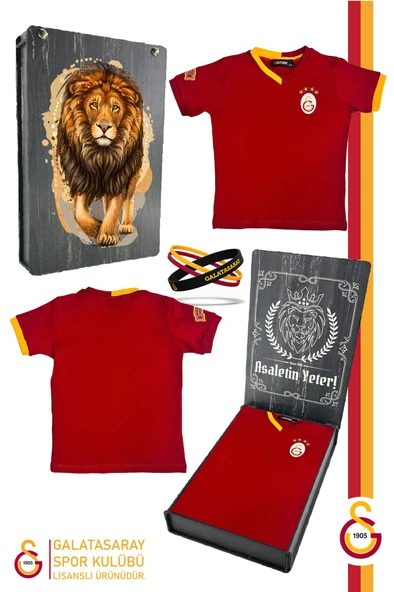 Galatasaray Orijinal Lisanslı Kırmızı Basic Çocuk T-shirt + Bileklik Set Hediyelik Ahşap Kutulu ürün görseli 1