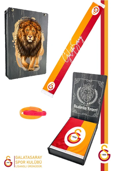 Galatasaray Orijinal Çift Yön Baskılı Şal Kaşkol ve Bileklik Set Atkı Aslan Baskılı Ahşap Kutulu ürün görseli 1