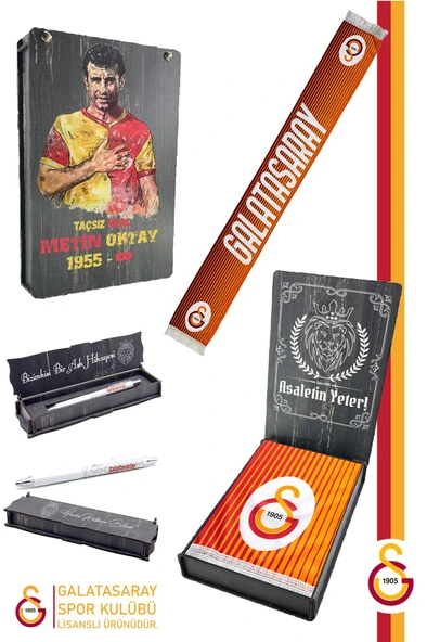 Galatasaray Orijinal Lisanslı Şal Kaşkol Atkı ve Premium Uçlu Kalem Set Aslan Baskılı Ahşap Kutulu ürün görseli 1