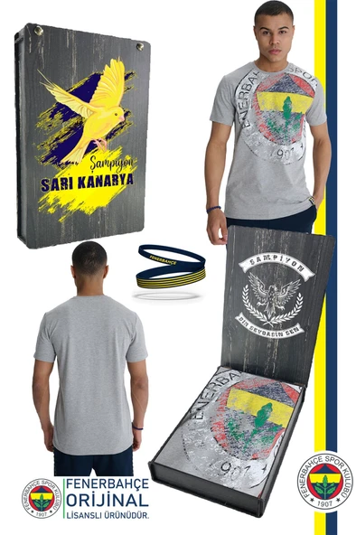 Fenerbahçe Orijinal Lisanslı 6 Renk Logo Gri Tribün T-Shirt + Bileklik Set Hediyelik Ahşap Kutulu ürün görseli 1