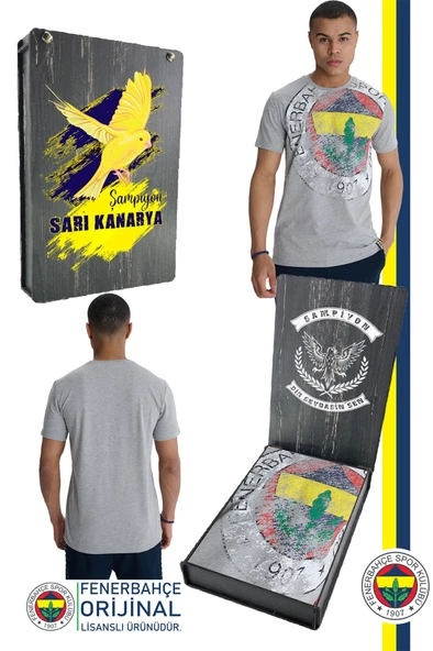 Fenerbahçe Orijinal Lisanslı 6 Renk Logo Gri Tribün T-Shirt Hediyelik Ahşap Kutulu ürün görseli 1
