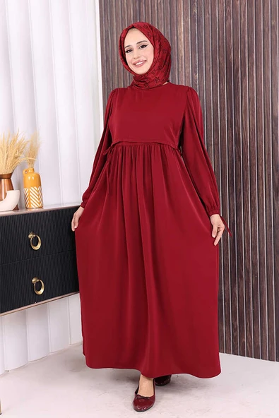 Çift Katlı Bağlama Detay Elbise 6003 Bordo ürün görseli 1