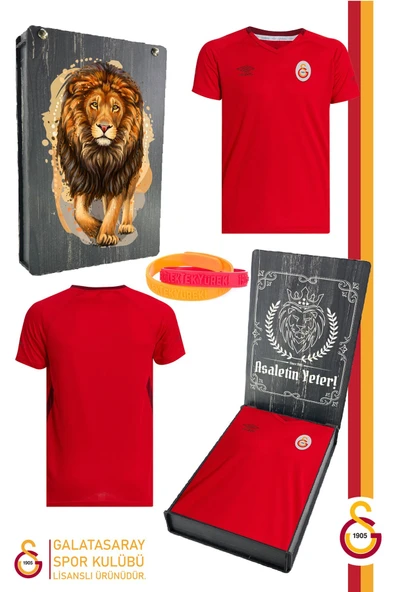 Galatasaray Orijinal Lisanslı Umbro V Yaka Kırmızı T-Shirt + Bileklik Set Hediyelik Ahşap Kutulu ürün görseli 1