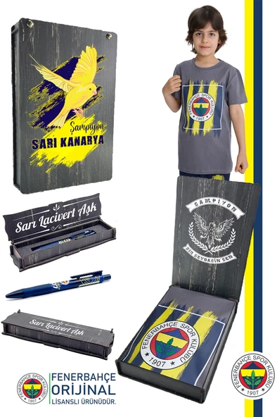 Fenerbahçe Orijinal Renkli Logo Sıfır Yaka Çocuk T-Shirt Uçlu Kalem Hediyelik Set Ahşap Kutulu ürün görseli 1