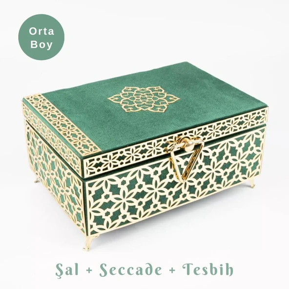 Desenli Kutu Çeyizlik, Şal + Seccade + Tesbih + Kuran Hediye Seti (Orta B. Kadife, Yeşil, Elif-Vav) ürün görseli 1