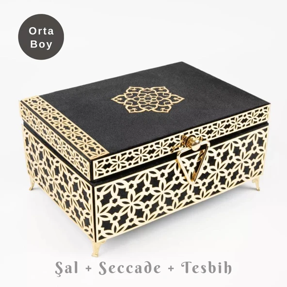 Desenli Kutu Çeyizlik, Şal + Seccade + Tesbih + Kuran Hediye Seti (Orta B. Kadife, Siyah, Elif-Vav) ürün görseli 1