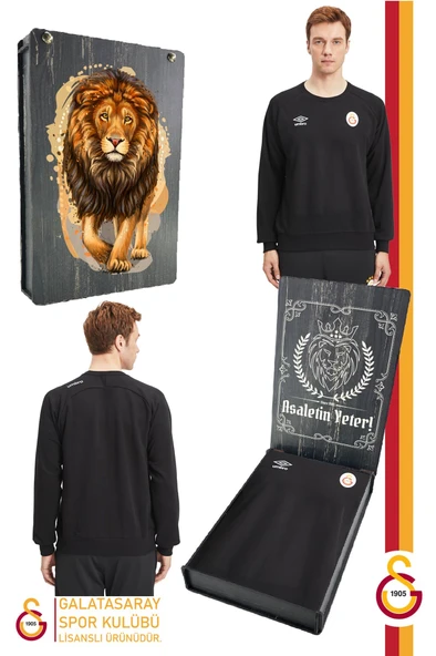 Galatasaray Orijinal Lisanslı Sıfır Yaka Siyah Sweat Gs Aslan Baskılı Hediyelik Ahşap Kutulu ürün görseli 1