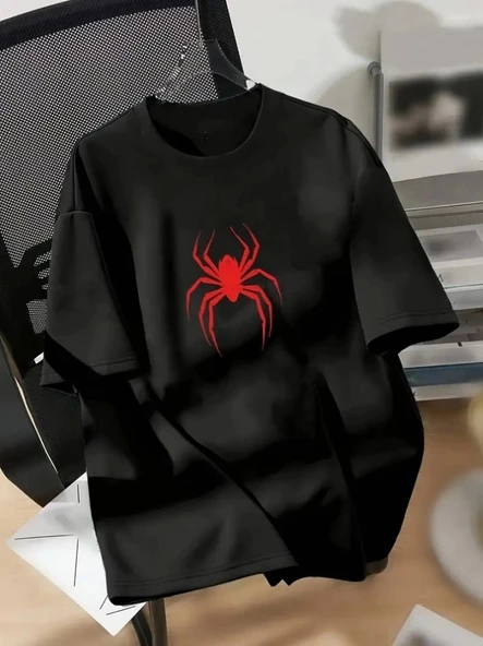 Baskılı Oversize Bisiklet Yaka T-shirt - Siyah ürün görseli 1