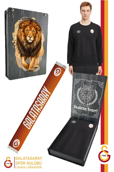 Galatasaray Orijinal Lisanslı Sıfır Yaka Siyah Sweat Şal Kaşkol Set Hediyelik Ahşap Kutulu ürün görseli 1