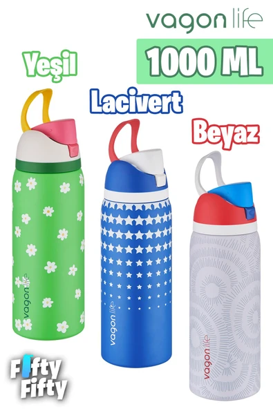 Vagonlife 1000 ML Tek Kapak Çift Kullanım Pipetli/Pipetsiz Taşıma Kulplu Çelik Termos -FFVGN045ML1000Desenli ürün görseli 1