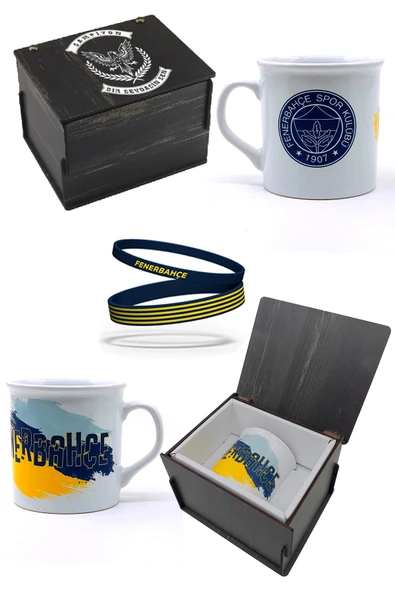 Fenerbahçe Orijinal Kupa Mug Bileklik Set Özel Ahşap Kutulu ürün görseli 1