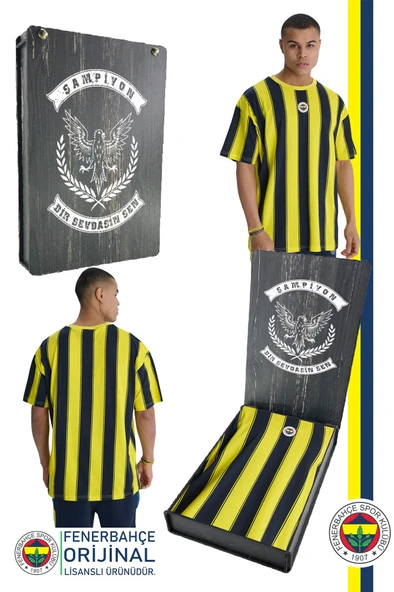 Fenerbahçe Orijinal Lisanslı Sarı Lacivert Çubuklu Erkek T-Shirt Hediyelik Ahşap Kutulu ürün görseli 1