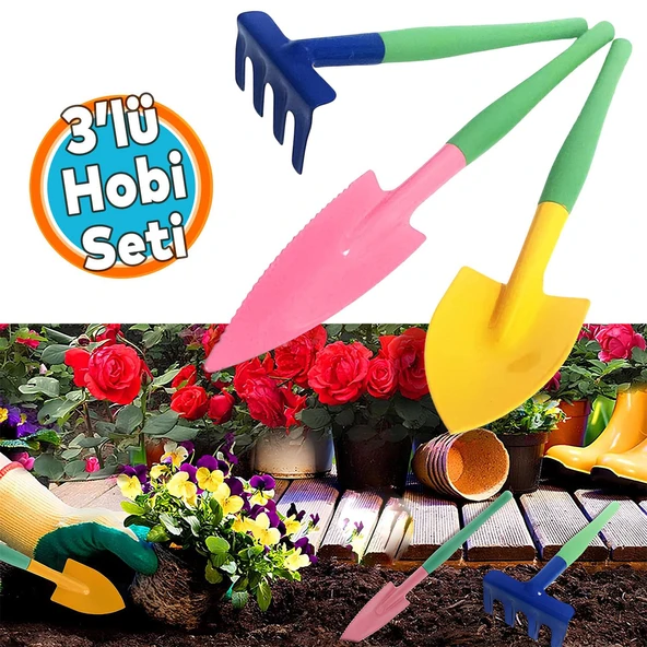 Küçük Hobi Set 3'lü Çapa Tırmık Metal Bahçe Tarla Çim Peyzaj Bitki Çiçek Ekme Toprak İşleme Küreği ürün görseli 1