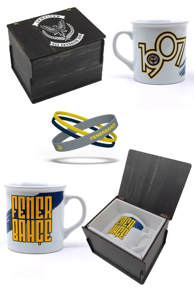 Fenerbahçe Orijinal Kupa Mug Bileklik Set Özel Ahşap Kutulu ürün görseli 1