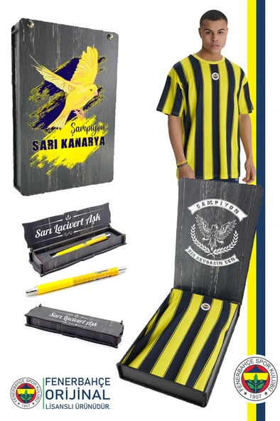 Fenerbahçe Orijinal Lisanslı Sarı Lacivert Çubuklu Erkek T-Shirt + Kalem Set Hediyelik Ahşap Kutulu ürün görseli 1